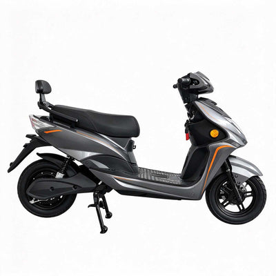 Vista lateral da scooter elétrica ZORYKEN Y5 para operações B2B, em acabamento cinza e preto, com rodas pretas, suspensão traseira e banco com encosto