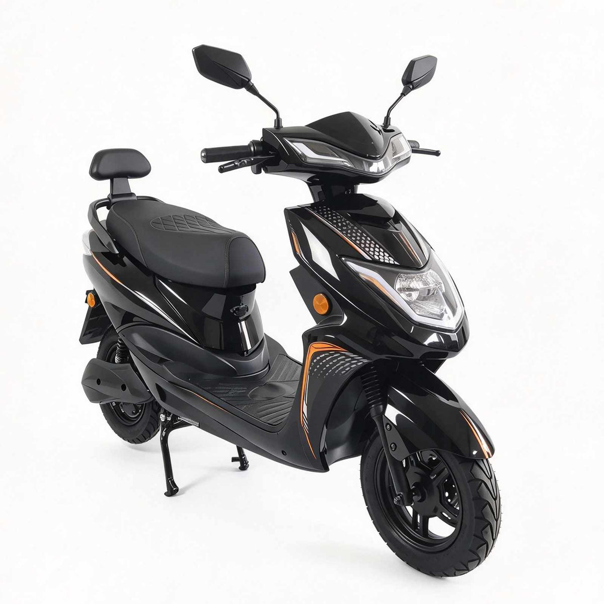 Scooter elétrica ZORYKEN Y5 para fornecimento B2B, em acabamento preto, com farol dianteiro, espelhos e banco com encosto traseiro