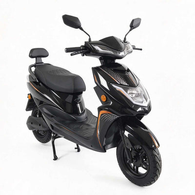 Scooter elétrica ZORYKEN Y5 para fornecimento B2B, em acabamento preto, com farol dianteiro, espelhos e banco com encosto traseiro