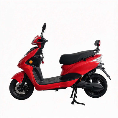 Vista lateral da scooter elétrica ZORYKEN Y5 para fornecimento B2B, em acabamento vermelho e preto, com freio a disco dianteiro e banco com encosto traseiro