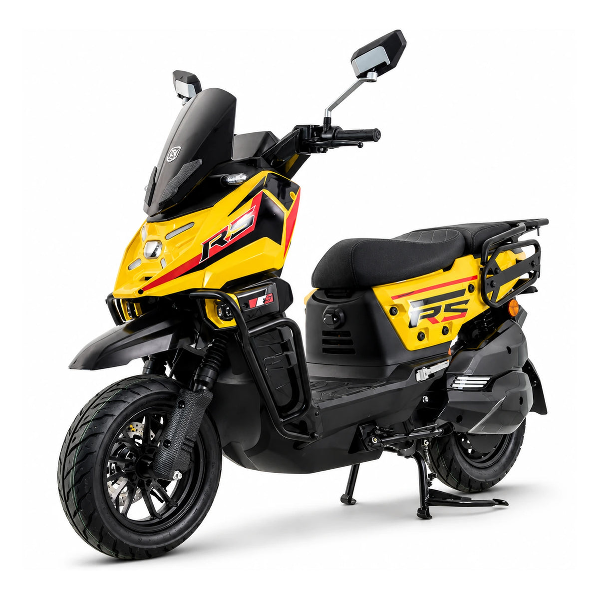 ZORYKEN Y6 scooter elétrica amarela e preta com para-brisa escurecido, barras de proteção e pneus de 12 polegadas