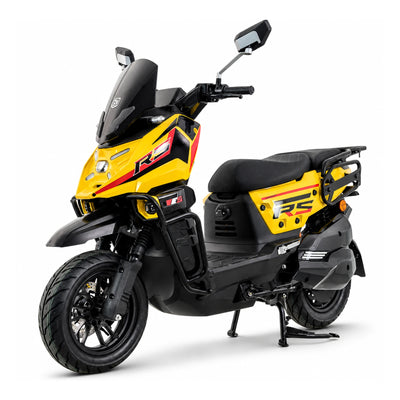 ZORYKEN Y6 scooter elétrica amarela e preta com para-brisa escurecido, barras de proteção e pneus de 12 polegadas