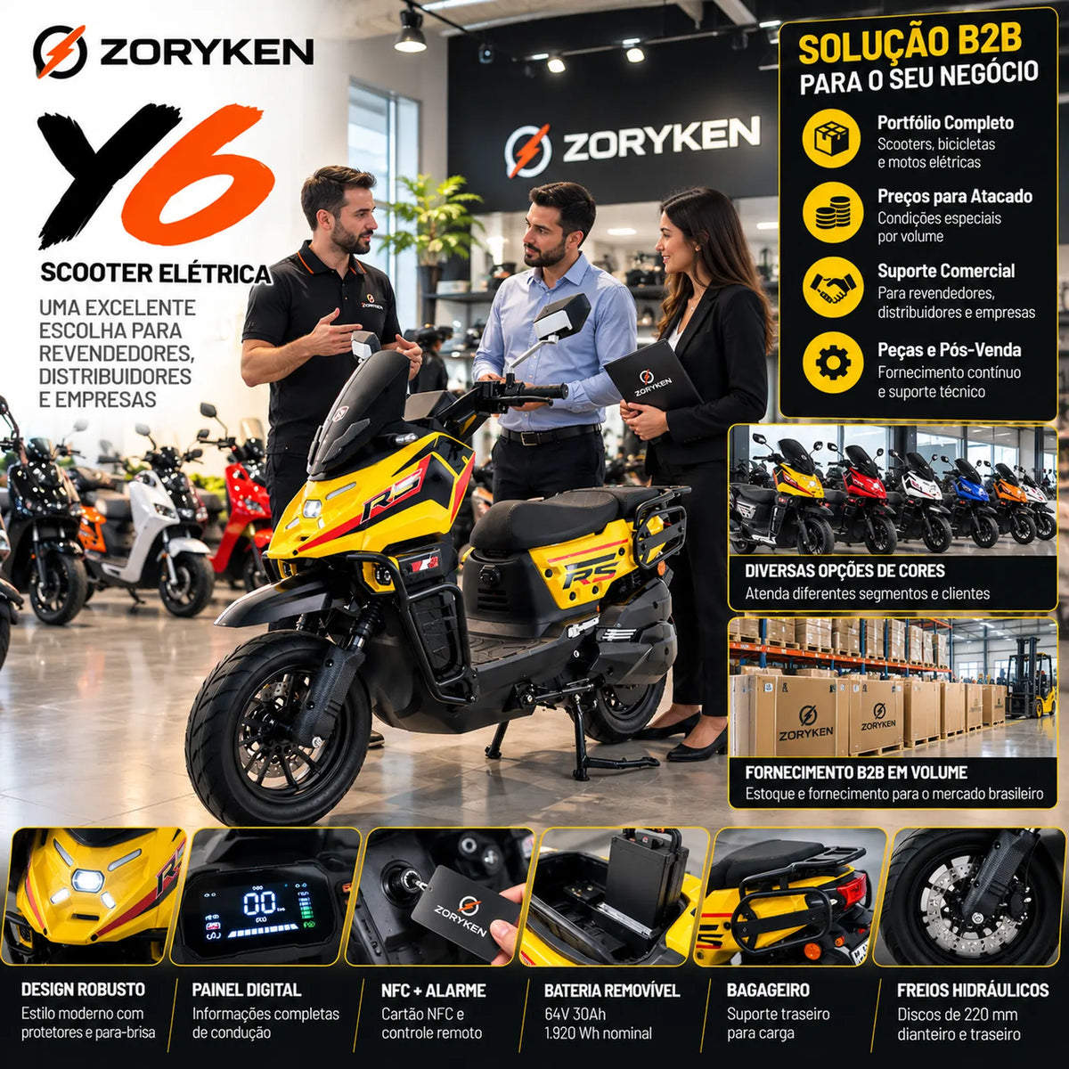 ZORYKEN Y6 scooter elétrica amarela em showroom B2B com revendedores e distribuidores de mobilidade elétrica
