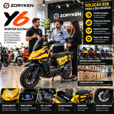 ZORYKEN Y6 scooter elétrica amarela em showroom B2B com revendedores e distribuidores de mobilidade elétrica