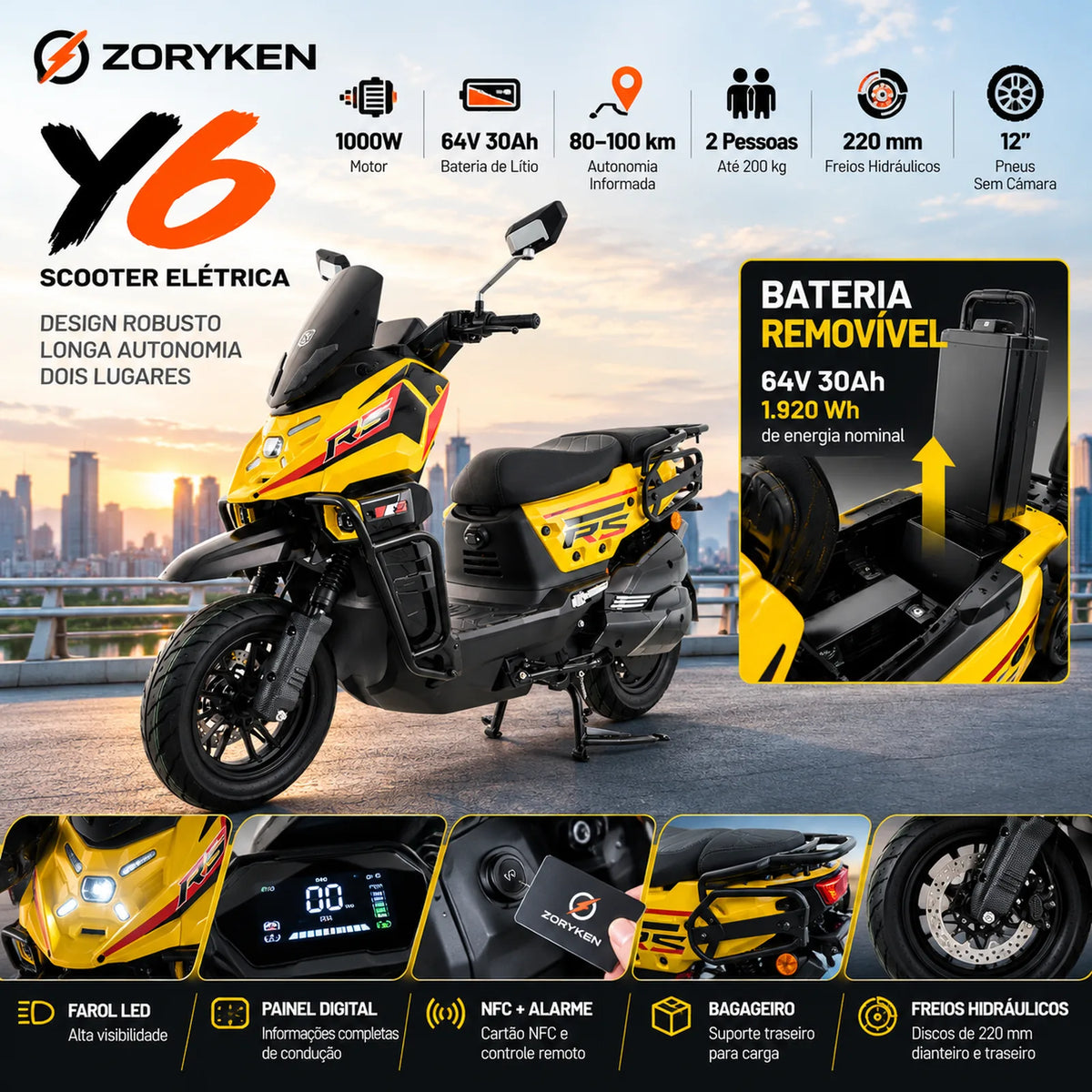 ZORYKEN Y6 scooter elétrica amarela com bateria removível 64V 30Ah, pneus de 12 polegadas e freios hidráulicos