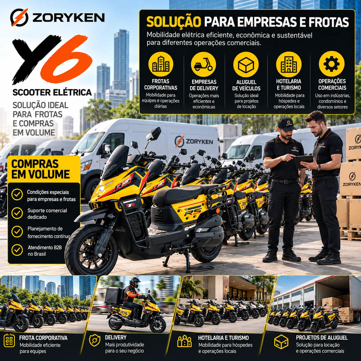 Frota de scooters elétricas ZORYKEN Y6 amarelas em cenário empresarial com múltiplas unidades e equipe de operação