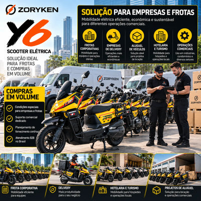 Frota de scooters elétricas ZORYKEN Y6 amarelas em cenário empresarial com múltiplas unidades e equipe de operação