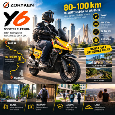 ZORYKEN Y6 scooter elétrica amarela em cenário de mobilidade urbana, destacando autonomia informada de 80–100 km