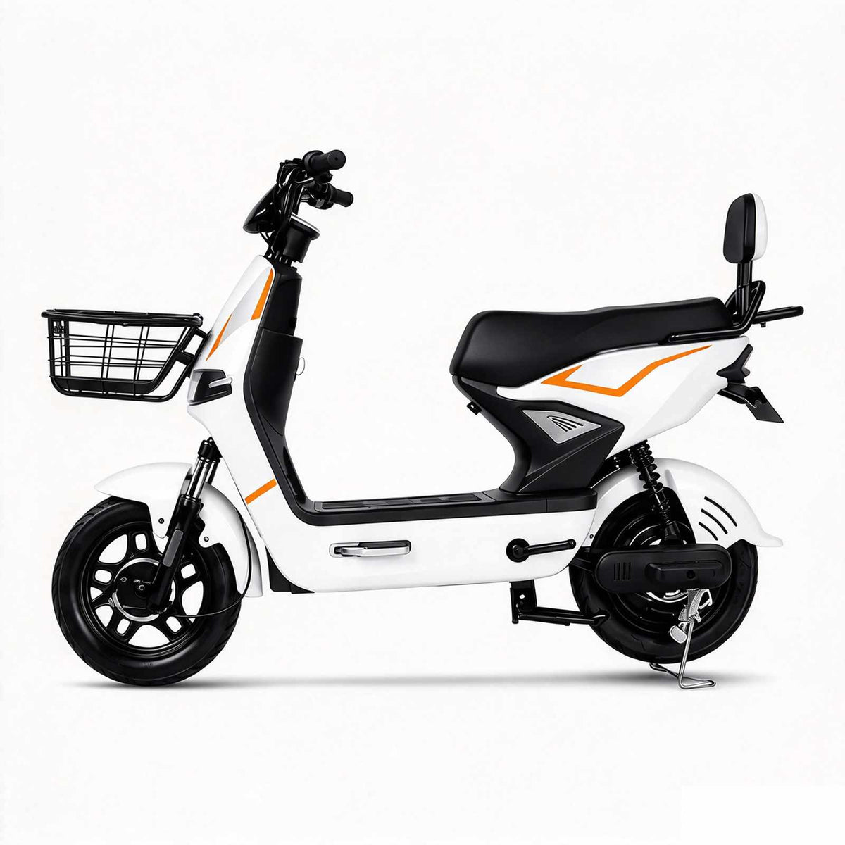 ZORYKEN Z2 scooter elétrica B2B branca com cesta frontal, banco longo e encosto traseiro, vista lateral