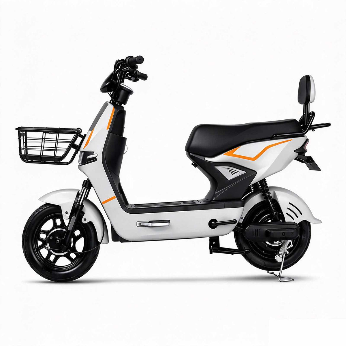 ZORYKEN Z2 scooter elétrica B2B cinza com cesta frontal, banco longo e encosto traseiro, vista lateral