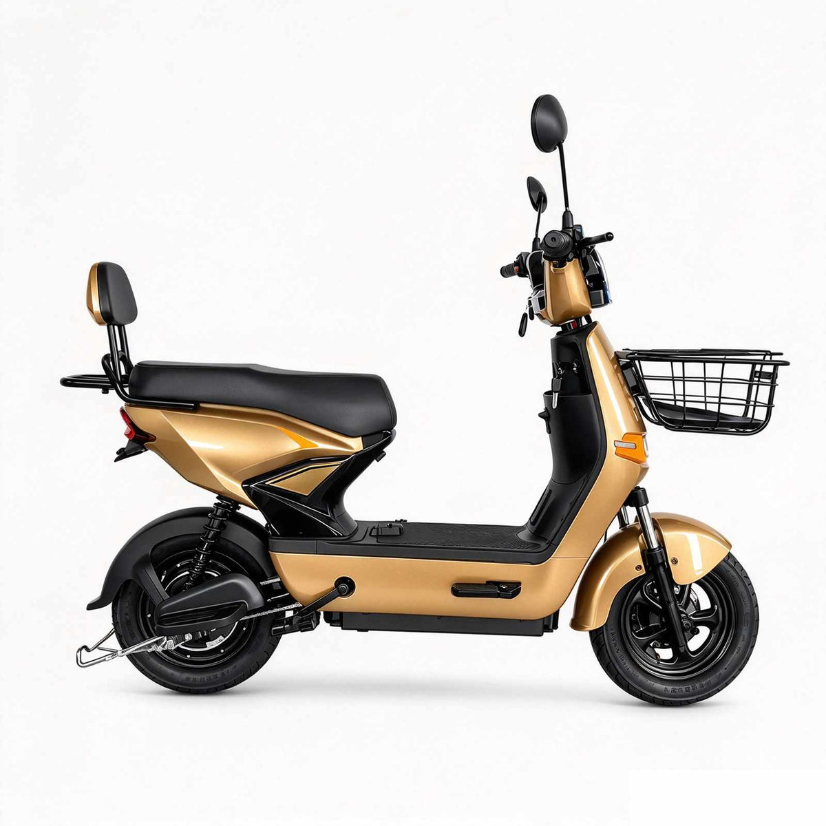 ZORYKEN Z2 scooter elétrica B2B dourada com cesta frontal, banco longo e encosto traseiro para o mercado brasileiro