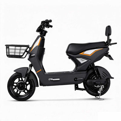 ZORYKEN Z2 scooter elétrica B2B preta com cesta frontal, banco longo e encosto traseiro, vista lateral