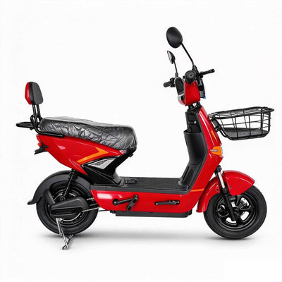 ZORYKEN Z2 scooter elétrica B2B vermelha com cesta frontal, banco longo e encosto traseiro para operações no Brasil