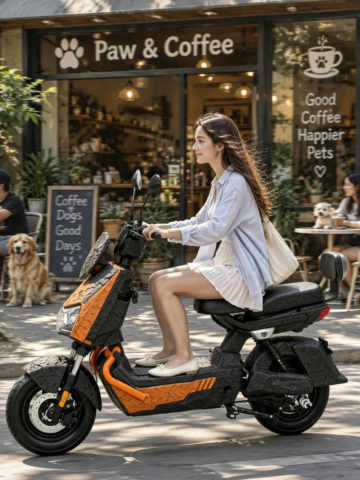 Jovem de saia branca pilotando uma versão customizada da scooter elétrica ZORYKEN Z3 com textura texturizada em laranja e preto, passando em frente a uma cafeteria pet-friendly chamada "Paw & Coffee".