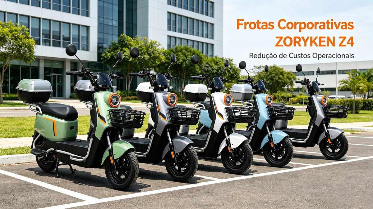 Cinco scooters elétricas ZORYKEN Z4 em várias cores (verde, cinza, branca e azul) alinhadas em um estacionamento em frente a um edifício comercial. O texto promocional destaca "Frotas Corporativas ZORYKEN Z4 - Redução de Custos Operacionais".