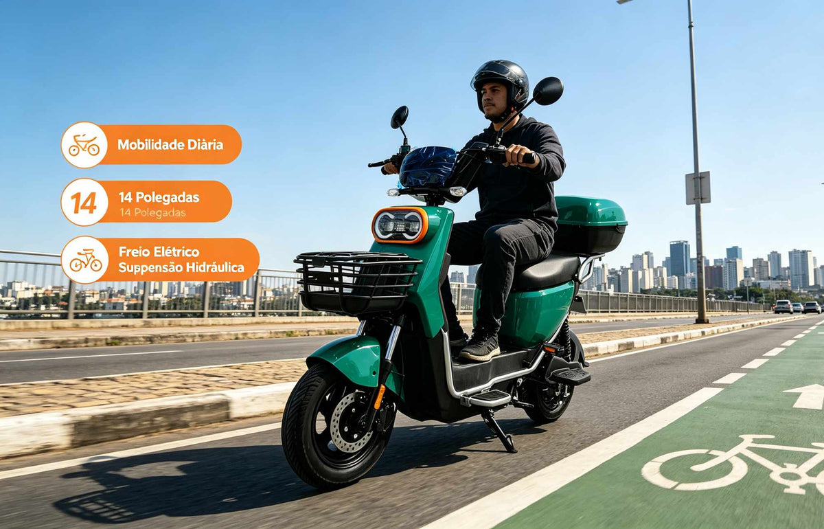 Homem pilotando uma scooter elétrica ZORYKEN Z4 verde em uma faixa exclusiva para bicicletas sobre uma ponte. Ícones laranja à esquerda destacam as características: "Mobilidade Diária", "14 Polegadas" e "Freio Elétrico / Suspensão Hidráulica".