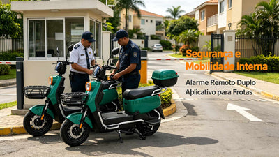 Dois agentes de segurança de uniforme ao lado de duas scooters elétricas ZORYKEN Z4 verdes na entrada de um condomínio fechado. O texto à direita destaca "Segurança e Mobilidade Interna", "Alarme Remoto Duplo" e "Aplicativo para Frotas".