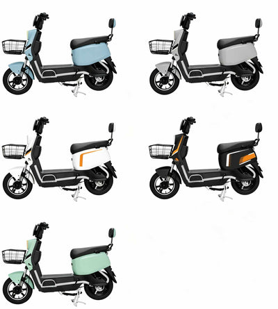 Cinco ilustrações de perfil da scooter elétrica ZORYKEN Z4 exibindo diferentes opções de cores: azul claro, cinza escuro, branco com detalhes em laranja, preto com listras laranjas e verde claro. Todas apresentam cesta frontal, banco preto e encosto traseiro.
