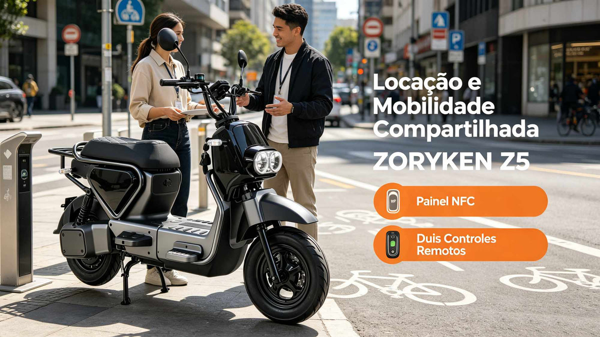 Um homem e uma mulher conversam na calçada ao lado de uma scooter elétrica ZORYKEN Z5 preta. Próximo ao guidão, destaca-se um totem de carregamento ou sinalização. À direita, botões laranjas destacam o texto "Locação e Mobilidade Compartilhada ZORYKEN Z5", "Painel NFC" e "Duis Controles Remotos".