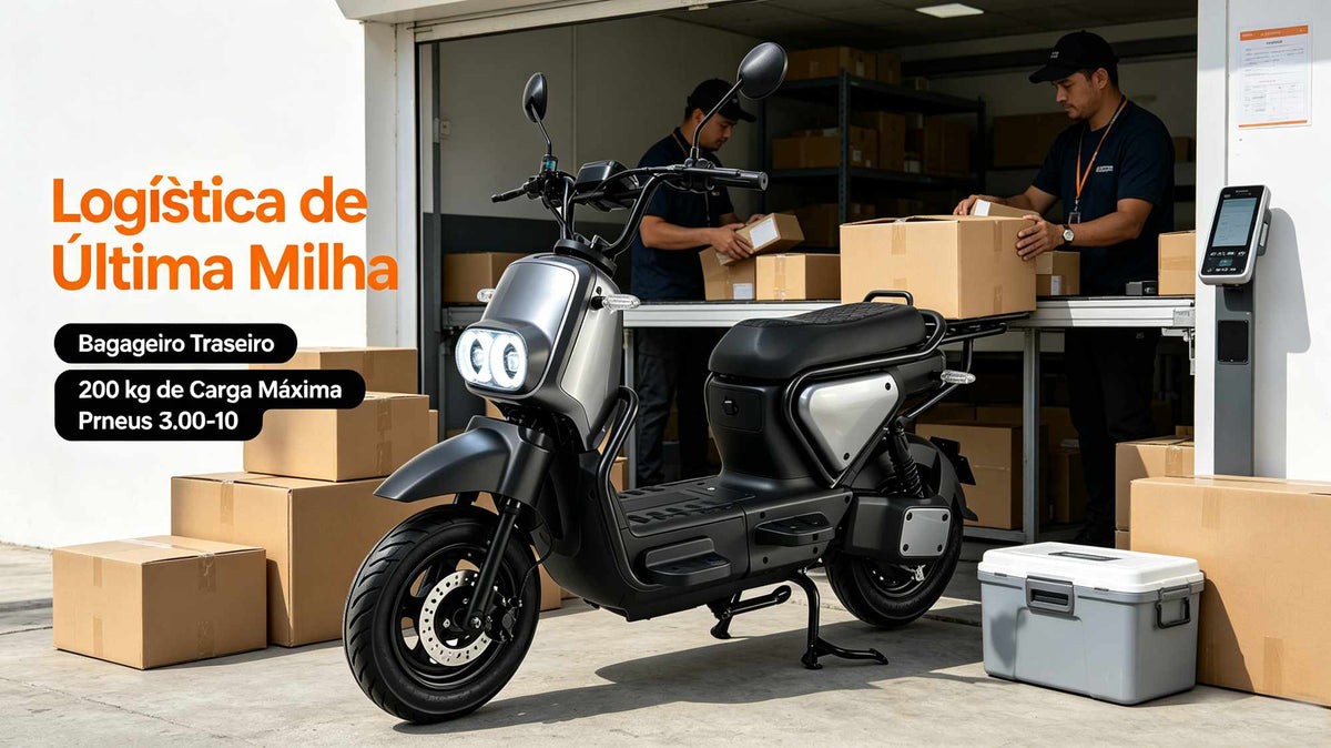 Scooter elétrica ZORYKEN Z5 prata posicionada de perfil dentro de um galpão logístico. Ao fundo, dois operadores trabalham com caixas de papelão em uma esteira. O texto na imagem destaca "Logística de Última Milha", "Bagageiro Traseiro", "200 kg de Carga Máxima" e "Pneus 3.00-10".