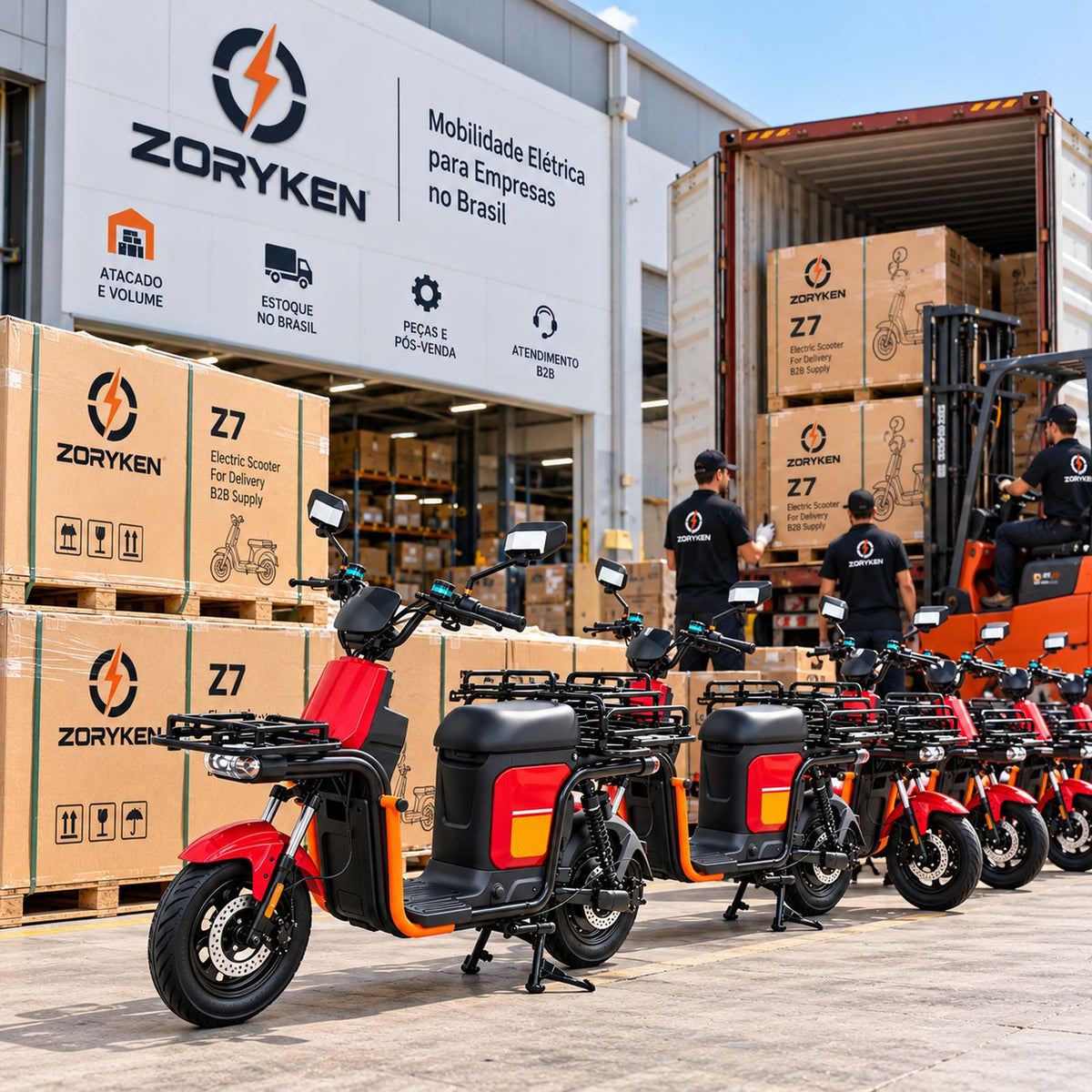 Scooters elétricas ZORYKEN Z7 para delivery em operação de fornecimento B2B e compras em volume no Brasil