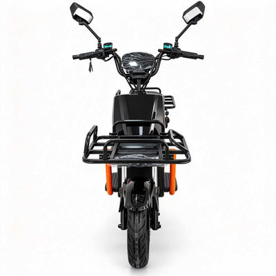 Scooter elétrica ZORYKEN Z7 para delivery, vista frontal com rack de carga, retrovisores e estrutura de proteção