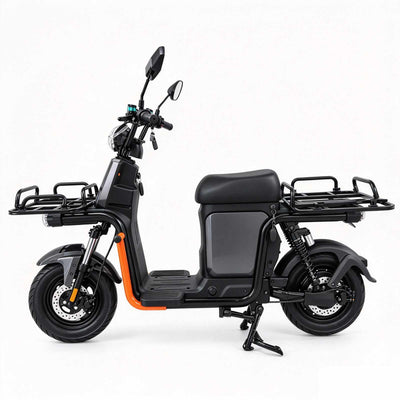 Scooter elétrica ZORYKEN Z7 para delivery, vista lateral com racks de carga dianteiro e traseiro e suspensão traseira