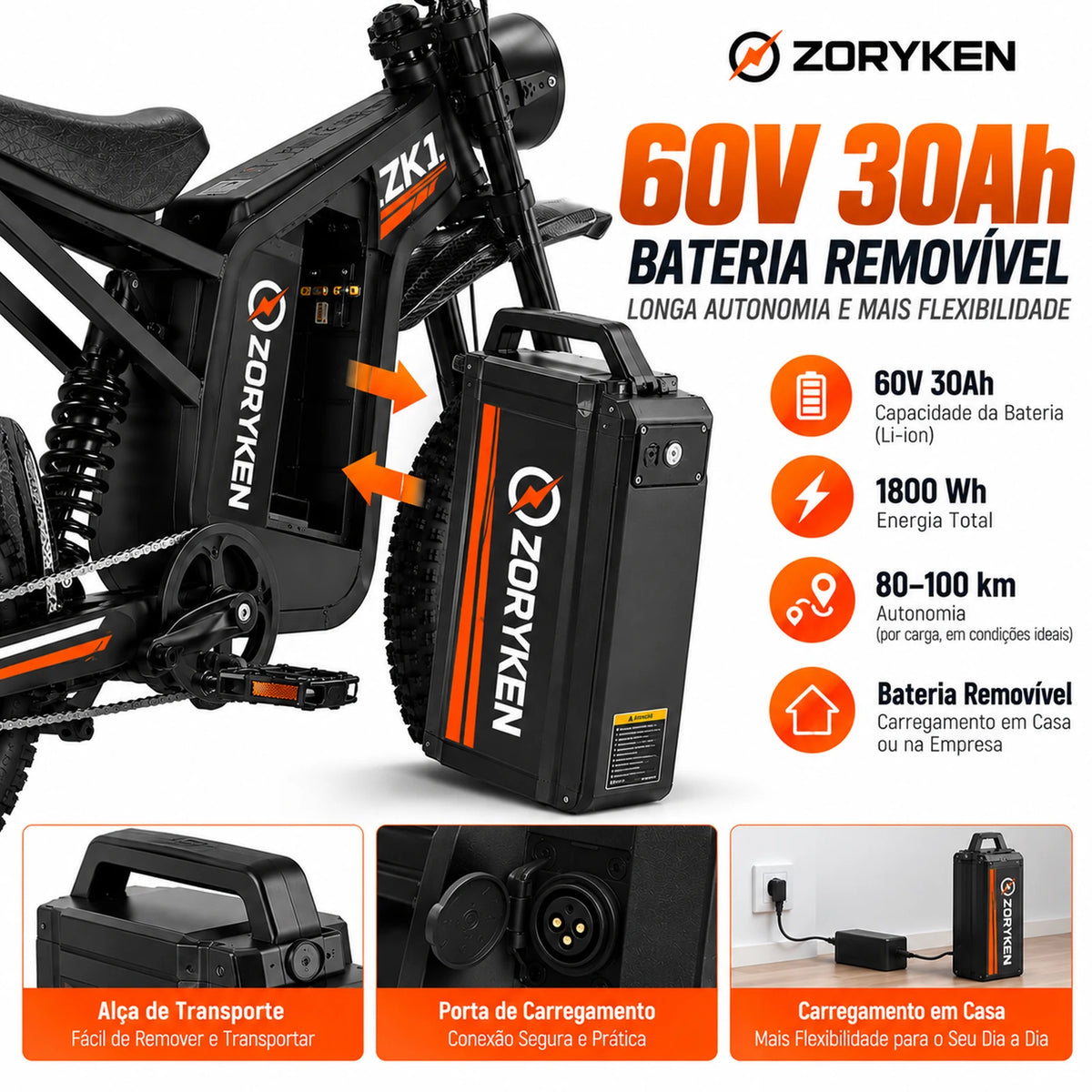 Bateria removível 60V 30Ah 1800Wh da ZORYKEN ZK1 com alça de transporte e porta de carregamento