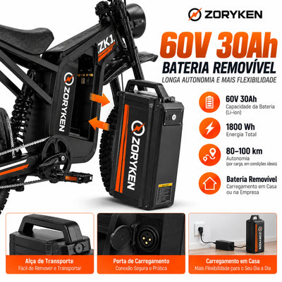 Bateria removível 60V 30Ah 1800Wh da ZORYKEN ZK1 com alça de transporte e porta de carregamento