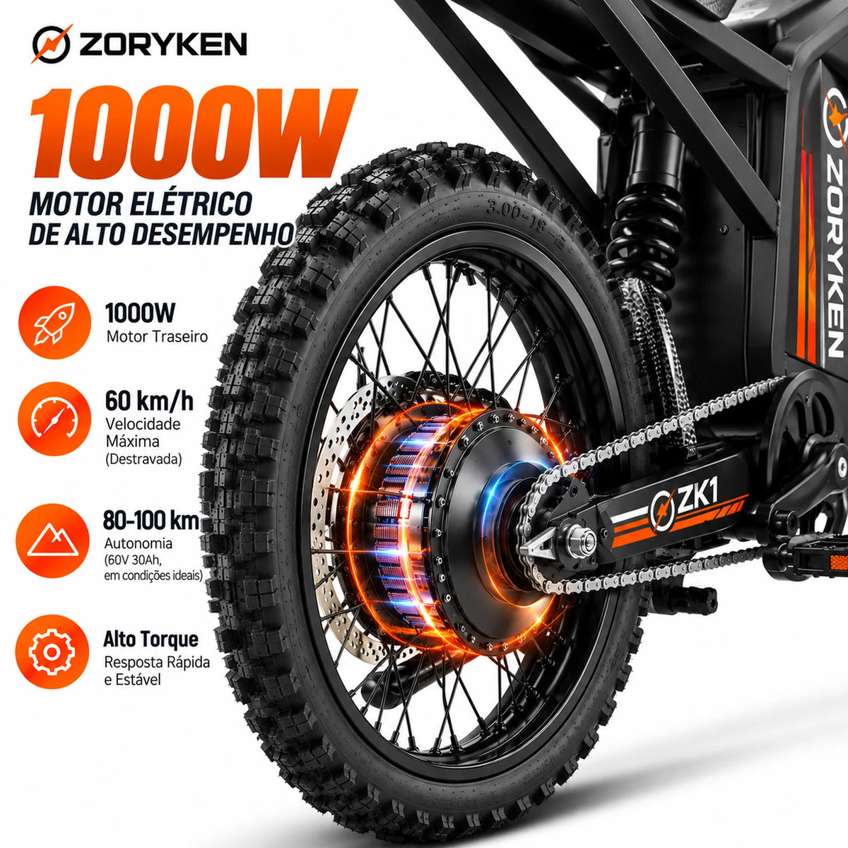 Motor traseiro 1000W da ZORYKEN ZK1 moto elétrica com roda traseira, corrente e freio a disco