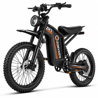 ZORYKEN ZK1 moto elétrica 1000W preta em vista diagonal com bateria central, pedal e rodas 19/17