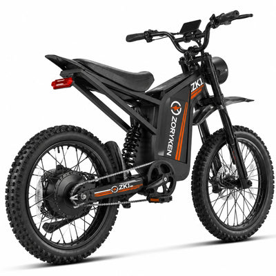 ZORYKEN ZK1 moto elétrica 1000W em vista diagonal traseira com motor no cubo traseiro, suspensão e freios a disco