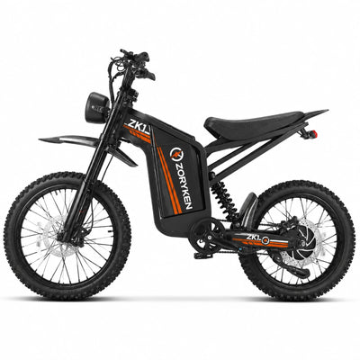 ZORYKEN ZK1 moto elétrica 1000W preta em vista lateral com rodas 19/17, bateria central e pedal