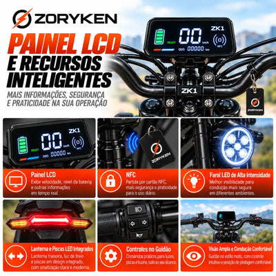 ZORYKEN ZK1 com painel LCD, sistema NFC, farol LED e conjunto traseiro com lanterna, luz de freio e piscas integrados