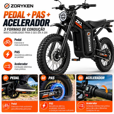 ZORYKEN ZK1 com pedal, sistema PAS de assistência elétrica e acelerador no guidão