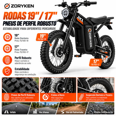 ZORYKEN ZK1 com roda dianteira 19 polegadas, roda traseira 17 polegadas e pneus de perfil robusto 70/100-19 e 70/100-17