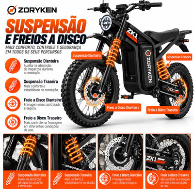 ZORYKEN ZK1 com suspensão dianteira e traseira e freios a disco nas rodas dianteira e traseira